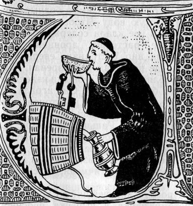 Монах тайком пьет вино в монастырском погребе.(Средневенковая миниатюра) 