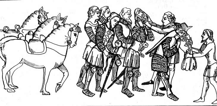 Облечение в рыцарские доспехи.   (Миниатюра 14 века)