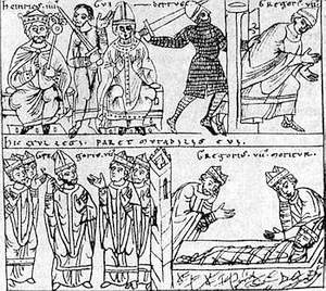 Бегство Григория 7 из Рима и его смерть (средневнековый рисунок)