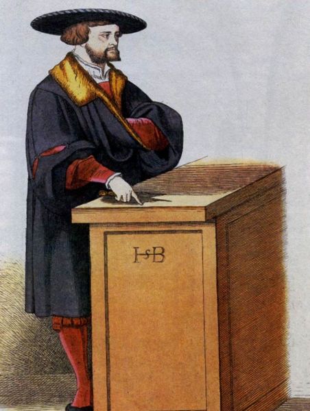 Мартин Лютер в библиотеке. Цветная гравюра 1614 года. 